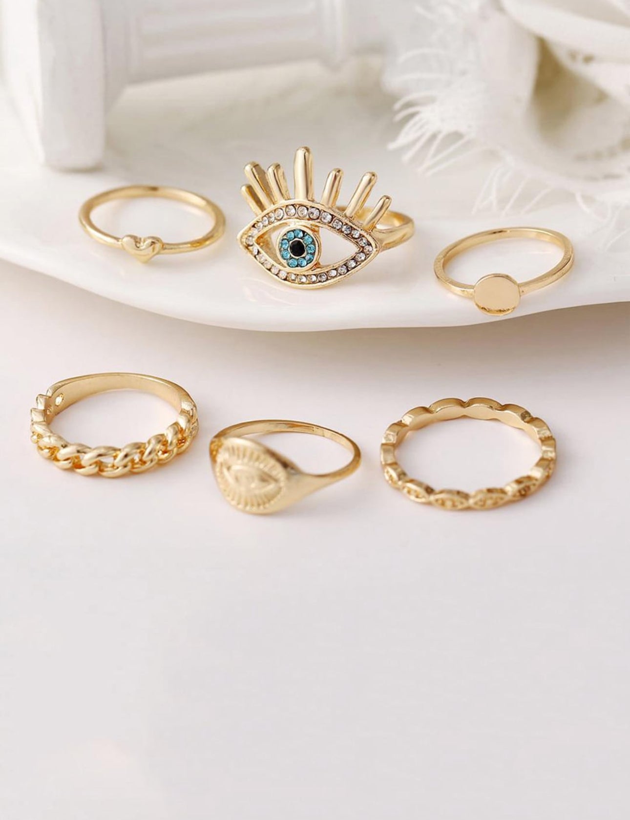 Evil Eye Gold plated Ring Set (Set of 6)